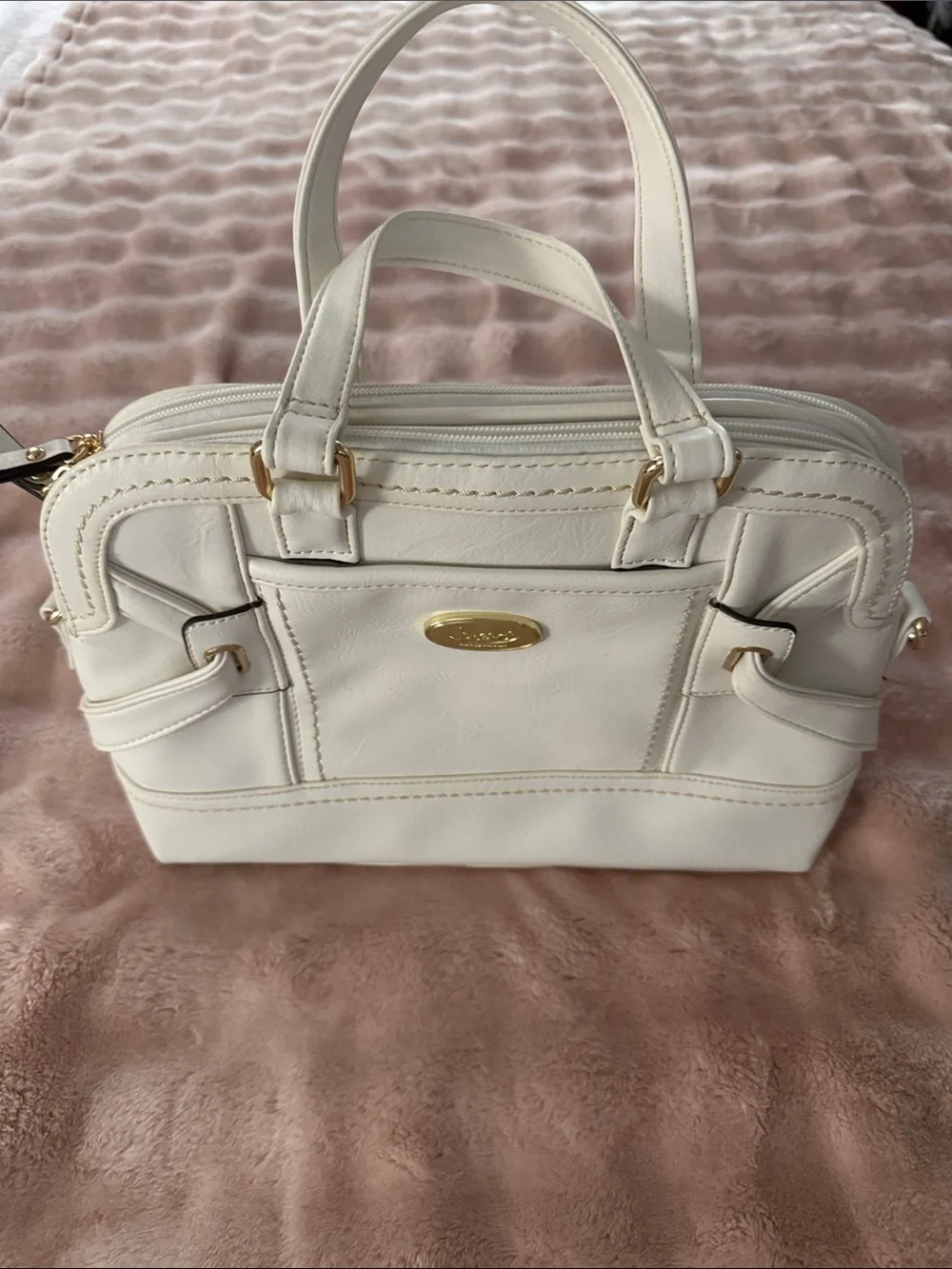 Structured Cream Satchel with Gold Accent Hardware